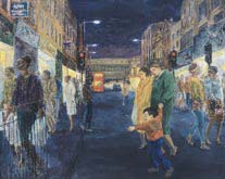 Crossing Rye Lane, at night by John Lessore at Annandale Galleries