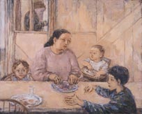 Hanta cutting Joshua's meat by John Lessore at Annandale Galleries