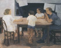 Family conversation in the kitchen l by John Lessore at Annandale Galleries