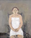 Paule in a white dress by John Lessore at Annandale Galleries